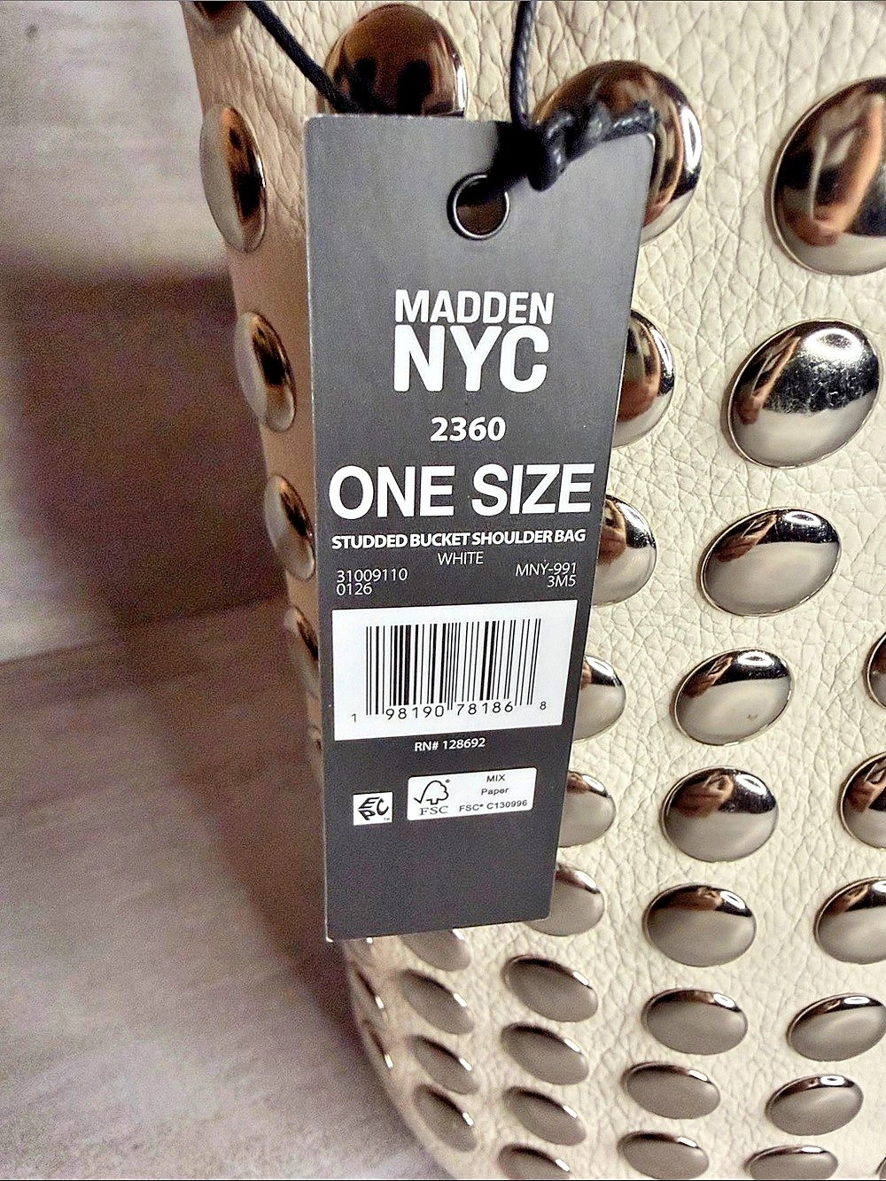 Madden NYC Studded Bucket Shoulder Bag White NWT - Picture 5 of 12